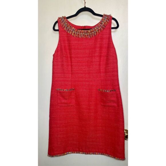 Talbots TEXTURED FRINGE-NECK SHIFT Red DRESS size 14 - Picture 3 of 14